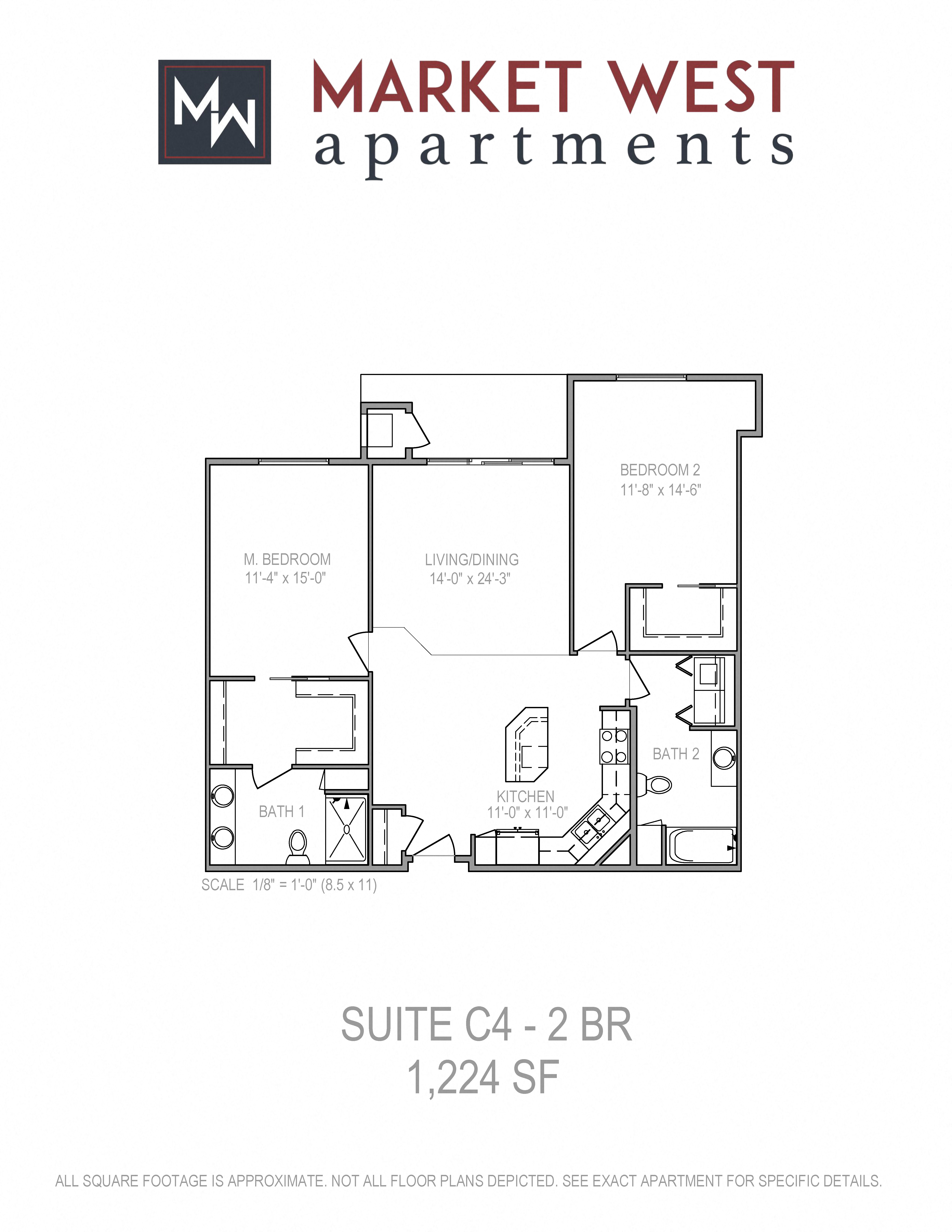 Floor plan for 2 beds, 2 baths, 1224 sqft